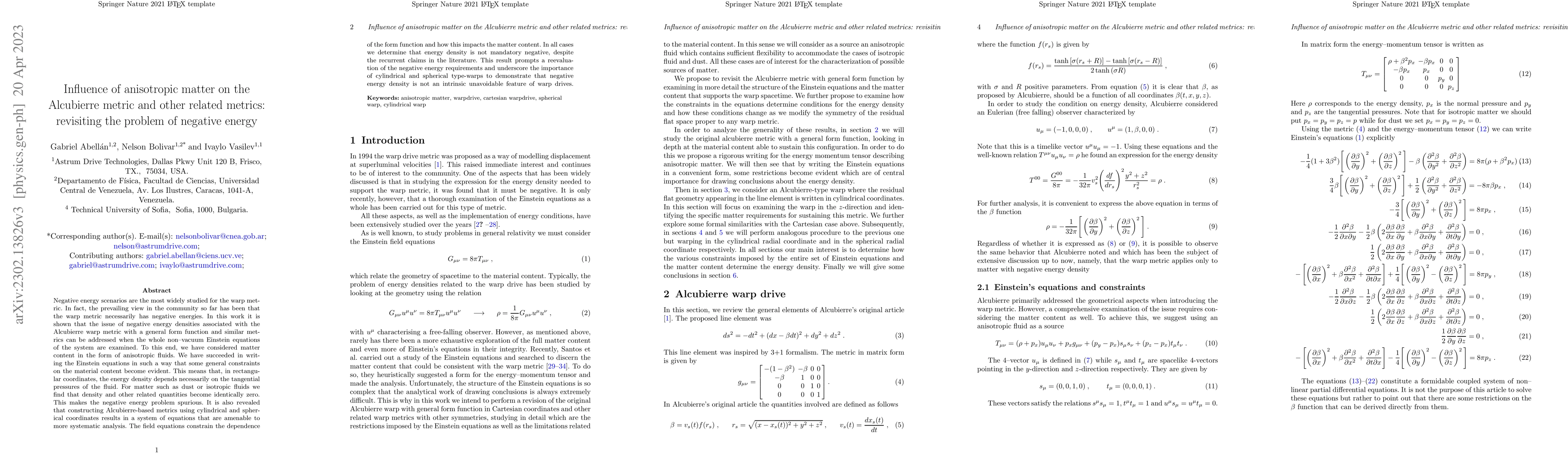 Thumbnail for Influence of anisotropic matter on the Alcubierre metric and other
  related metrics: revisiting the problem of negative energy