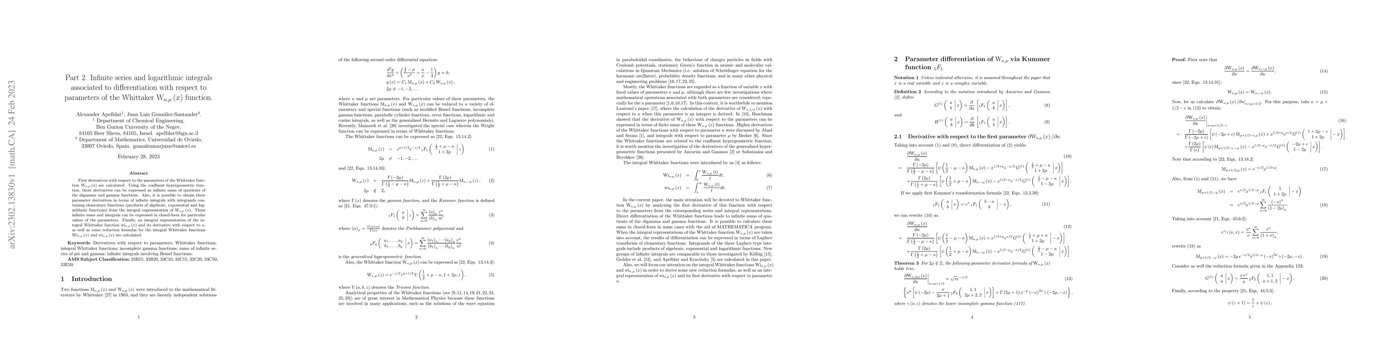 Thumbnail for Part 2. Infinite series and logarithmic integrals associated to
  differentiation with respect to parameters of the Whittaker
  $\mathrm{W}_{\kappa ,\mu }\left( x\right) $ function