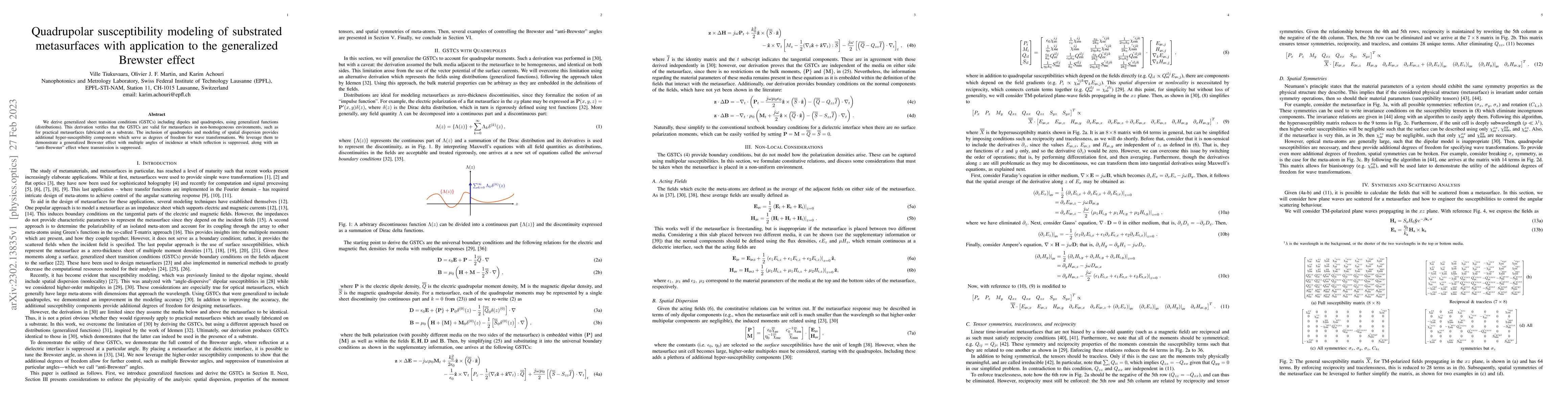 Thumbnail for Quadrupolar susceptibility modeling of substrated metasurfaces with
  application to the generalized Brewster effect