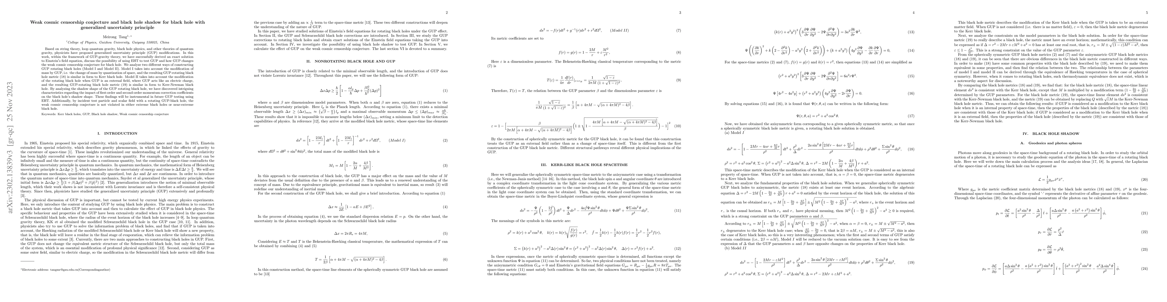 Thumbnail for Weak cosmic censorship conjecture and black hole shadow for black hole
  with generalized uncertainty principle