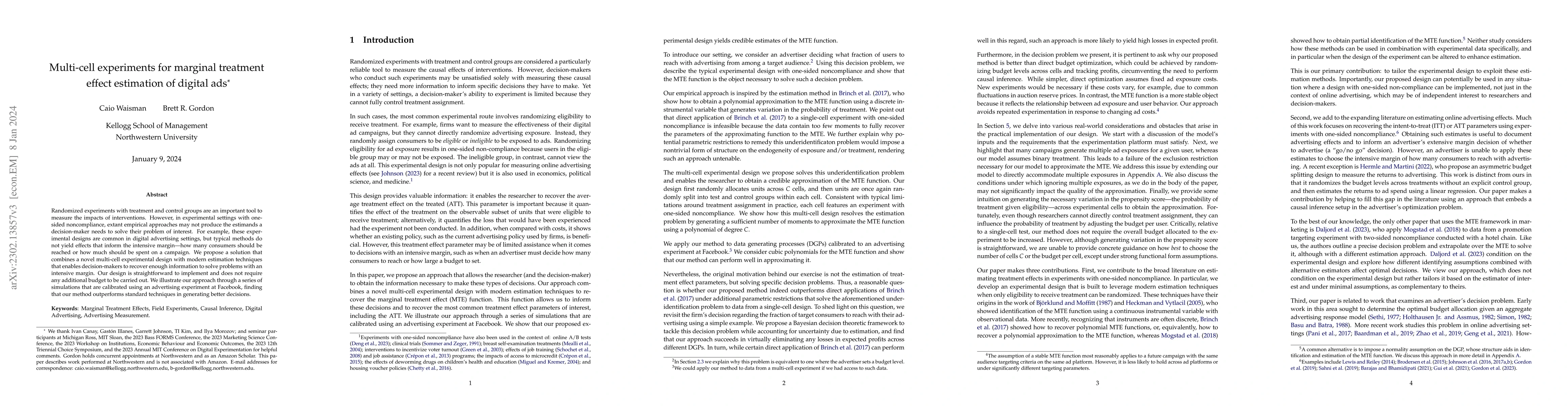 Thumbnail for Multi-cell experiments for marginal treatment effect estimation of
  digital ads