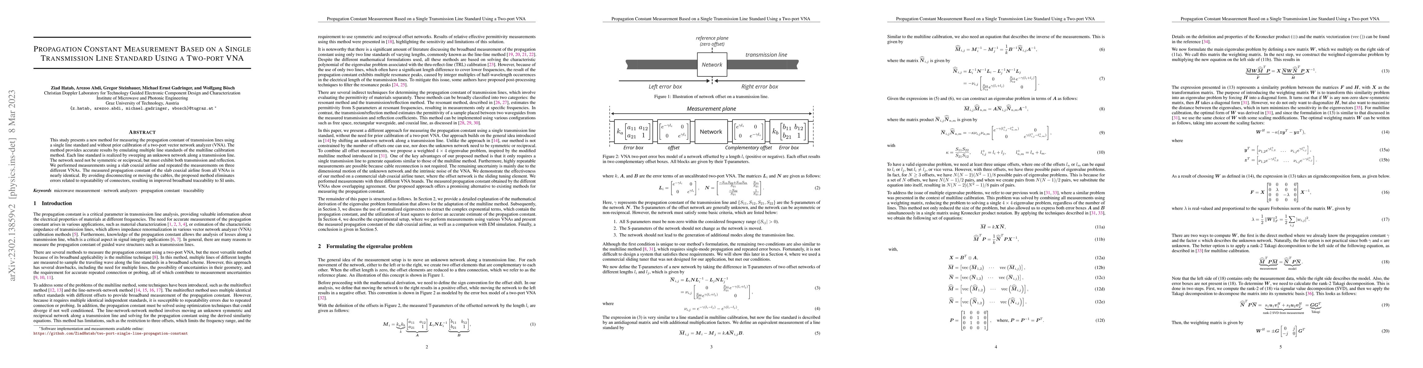 Thumbnail for Propagation Constant Measurement Based on a Single Transmission Line
  Standard Using a Two-port VNA
