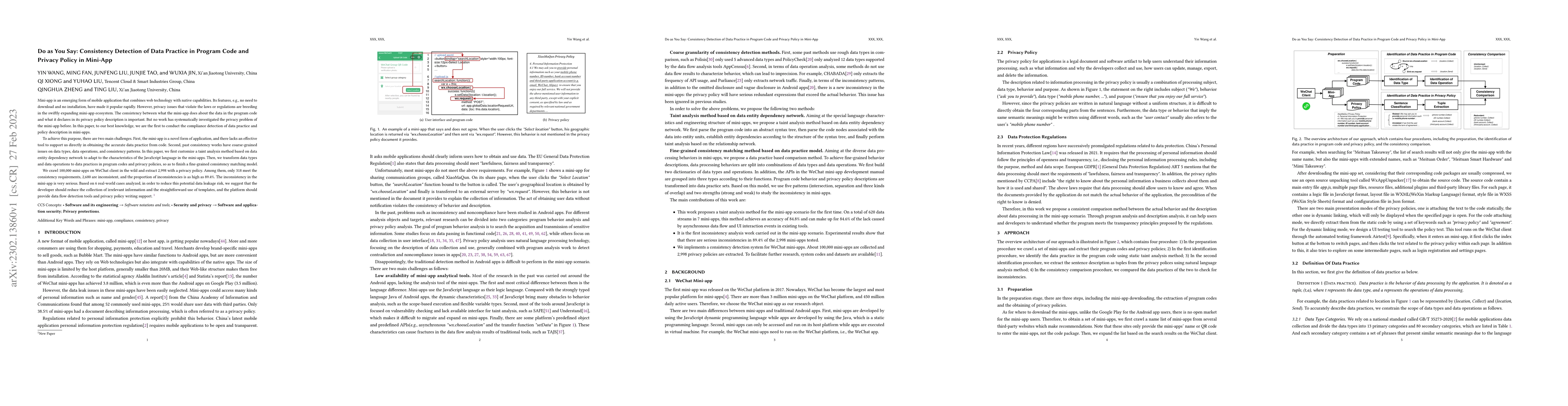 Thumbnail for Do as You Say: Consistency Detection of Data Practice in Program Code
  and Privacy Policy in Mini-App