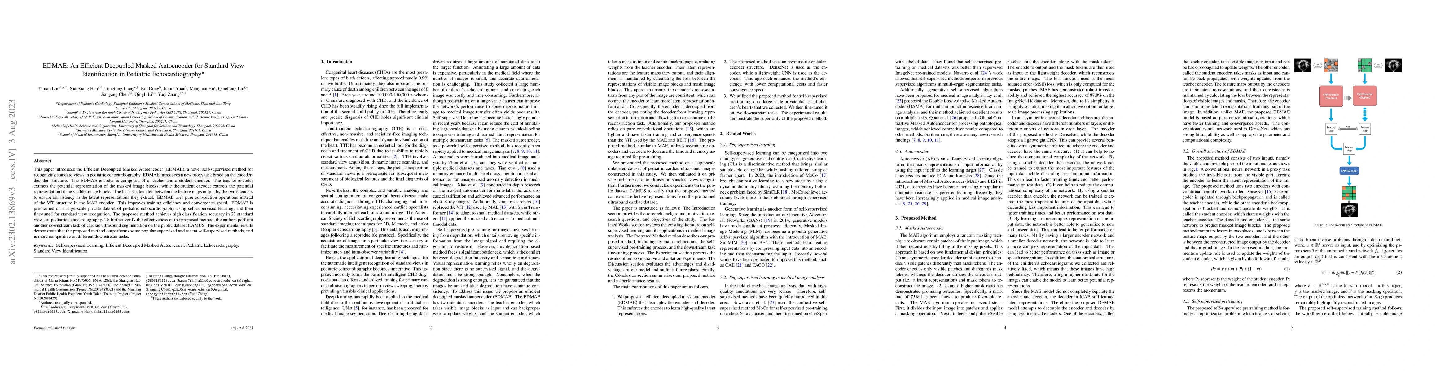 Thumbnail for EDMAE: An Efficient Decoupled Masked Autoencoder for Standard View
  Identification in Pediatric Echocardiography