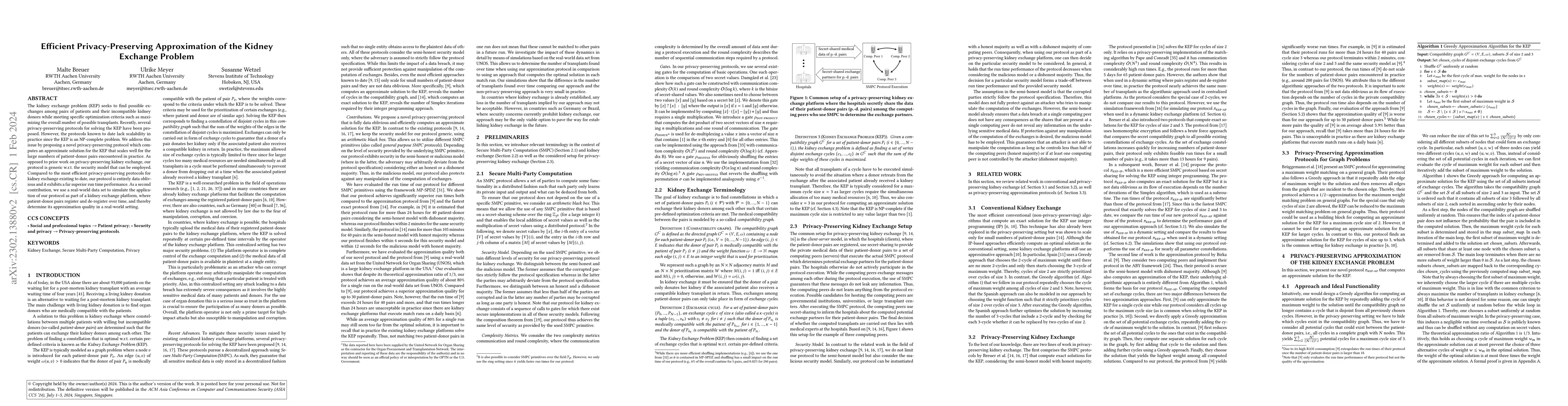 Thumbnail for Efficient Privacy-Preserving Approximation of the Kidney Exchange
  Problem