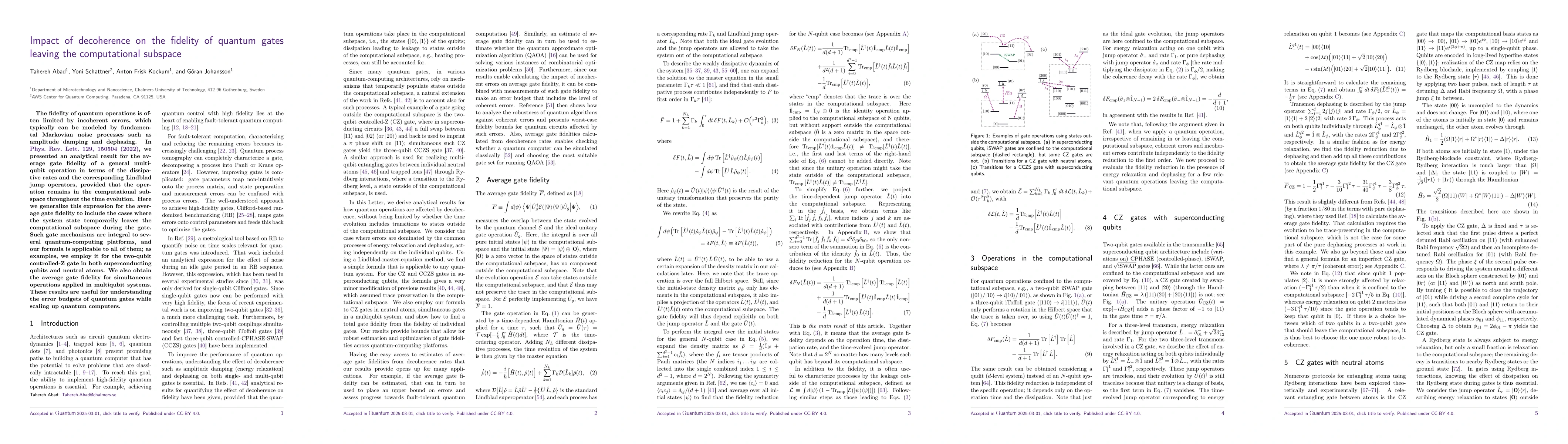 Thumbnail for Impact of decoherence on the fidelity of quantum gates leaving the
  computational subspace