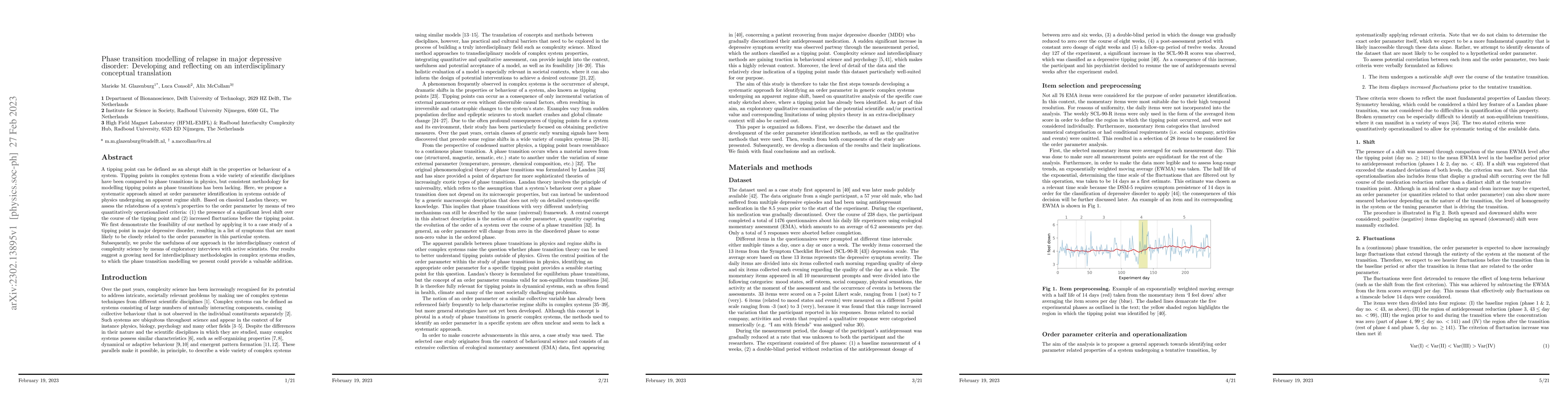 Thumbnail for Phase transition modelling of relapse in major depressive disorder:
  Developing and reflecting on an interdisciplinary conceptual translation