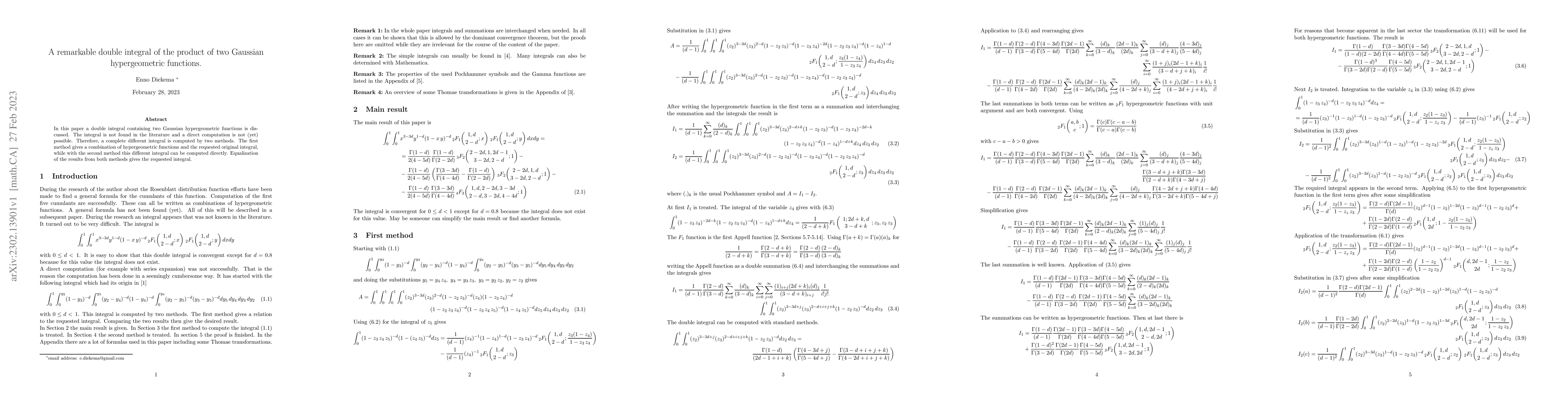 Thumbnail for A remarkable double integral of the product of two Gaussian
  hypergeometric functions
