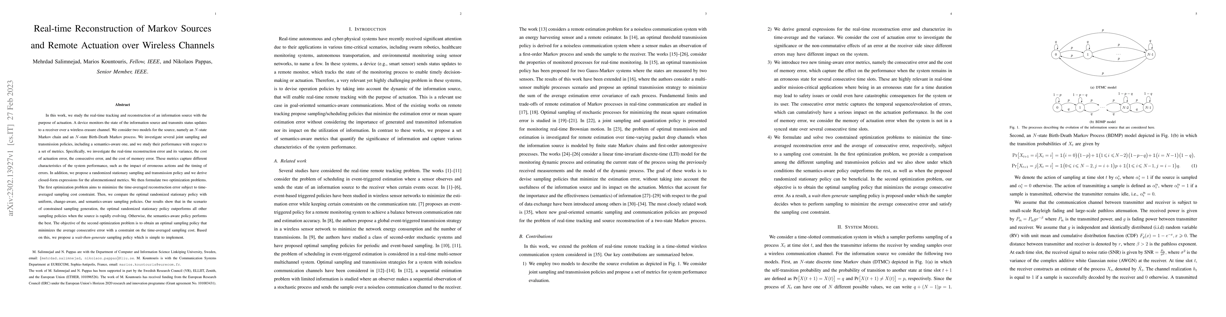 Thumbnail for Real-time Reconstruction of Markov Sources and Remote Actuation over
  Wireless Channels