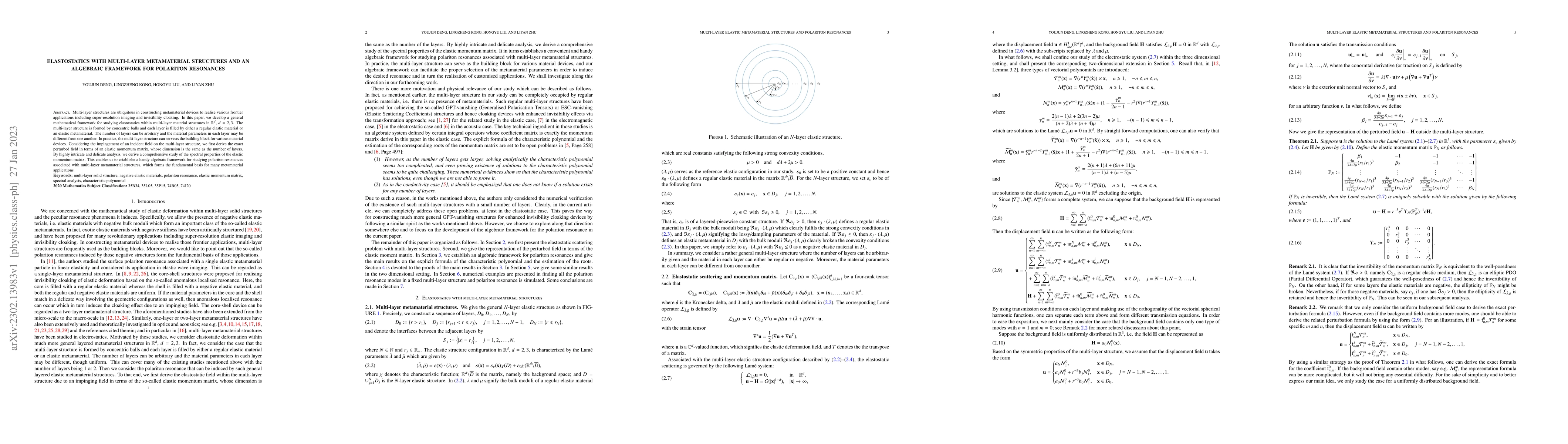 Thumbnail for Elastostatics with multi-layer metamaterial structures and an algebraic
  framework for polariton resonances