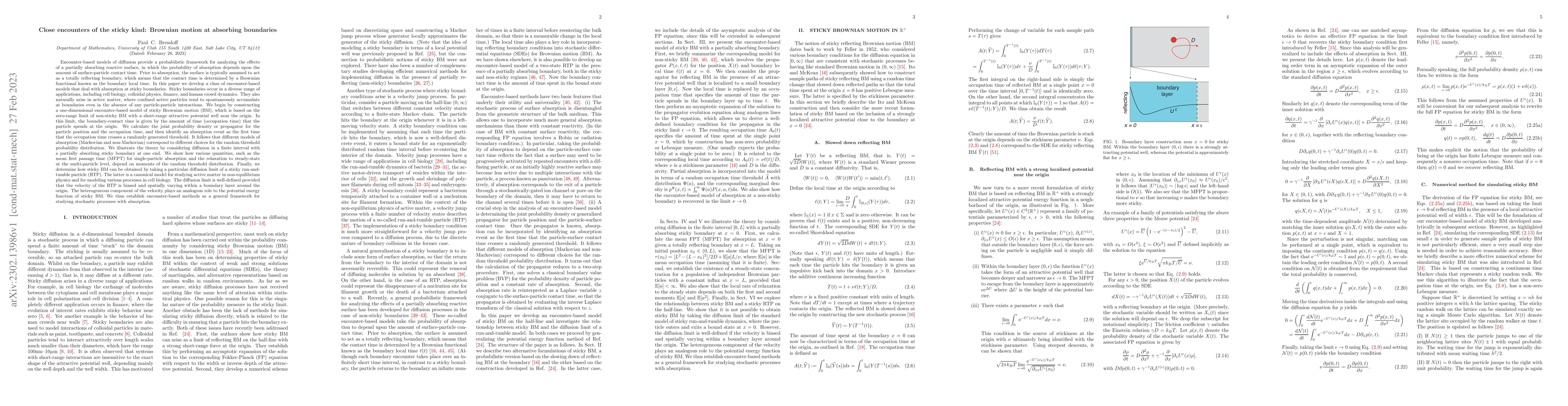 Thumbnail for Close encounters of the sticky kind: Brownian motion at absorbing
  boundaries
