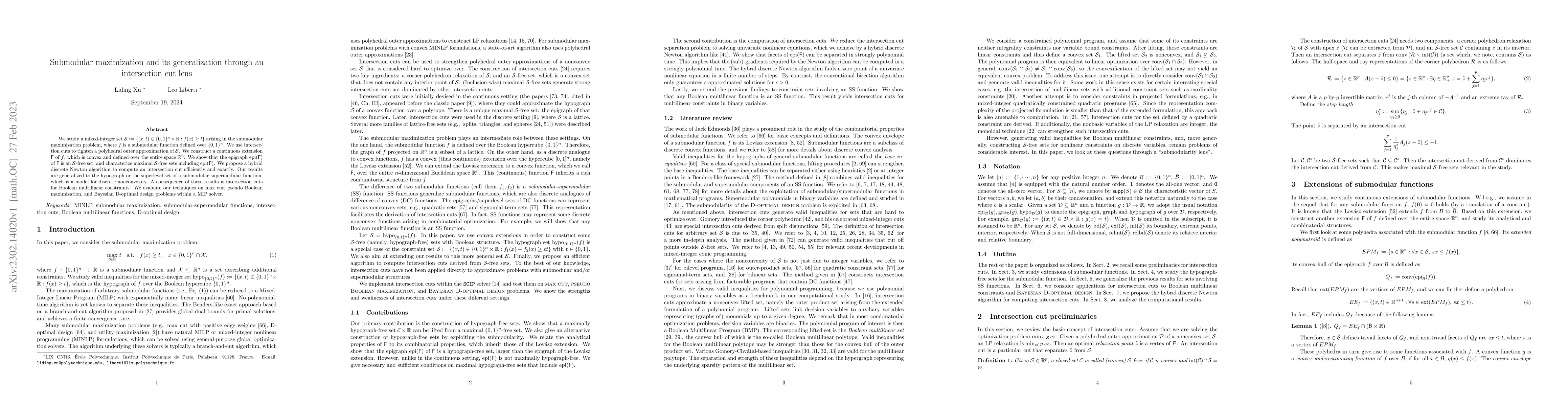 Thumbnail for Submodular maximization and its generalization through an intersection
  cut lens
