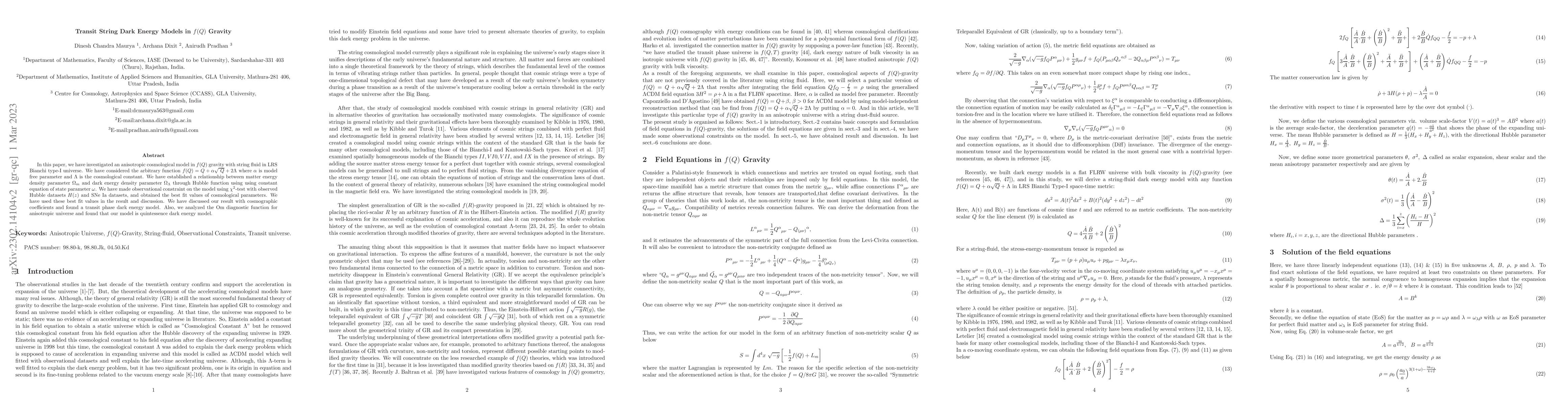 Thumbnail for Transit String Dark Energy Models in $f(Q)$ Gravity