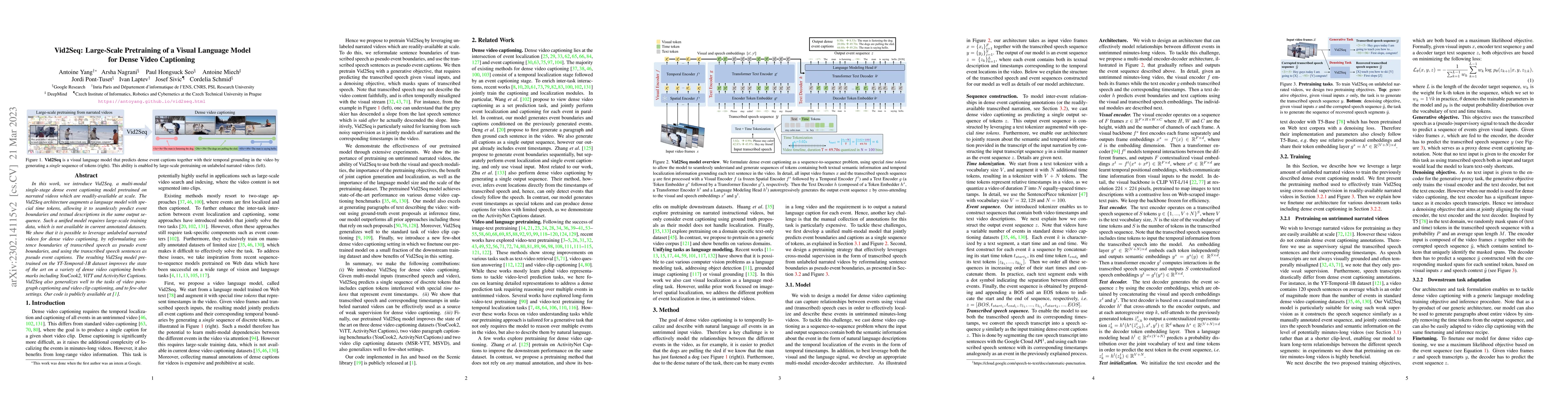 Thumbnail for Vid2Seq: Large-Scale Pretraining of a Visual Language Model for Dense
  Video Captioning