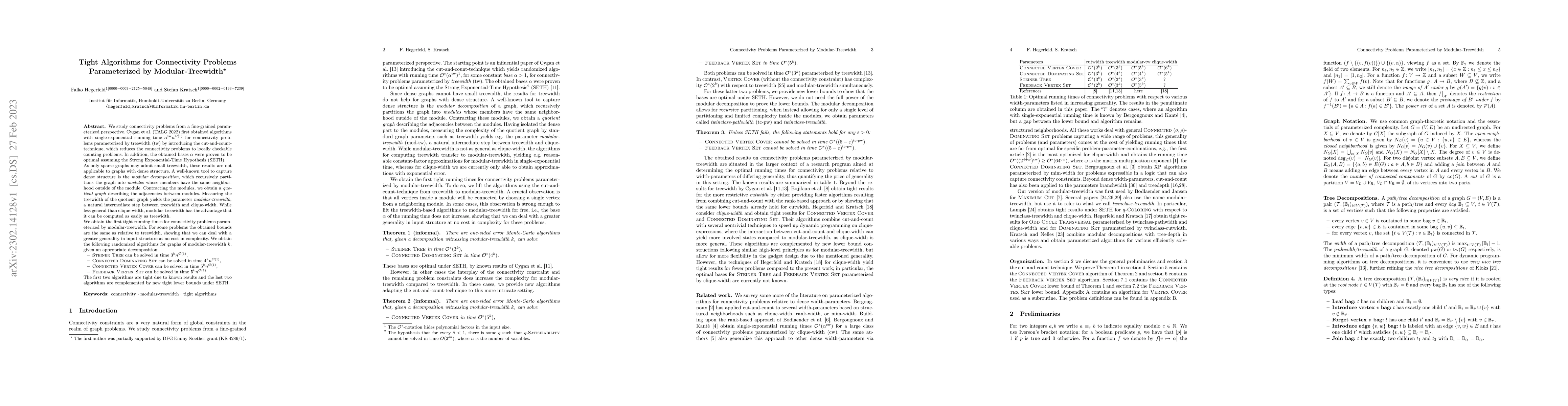 Thumbnail for Tight Algorithms for Connectivity Problems Parameterized by
  Modular-Treewidth