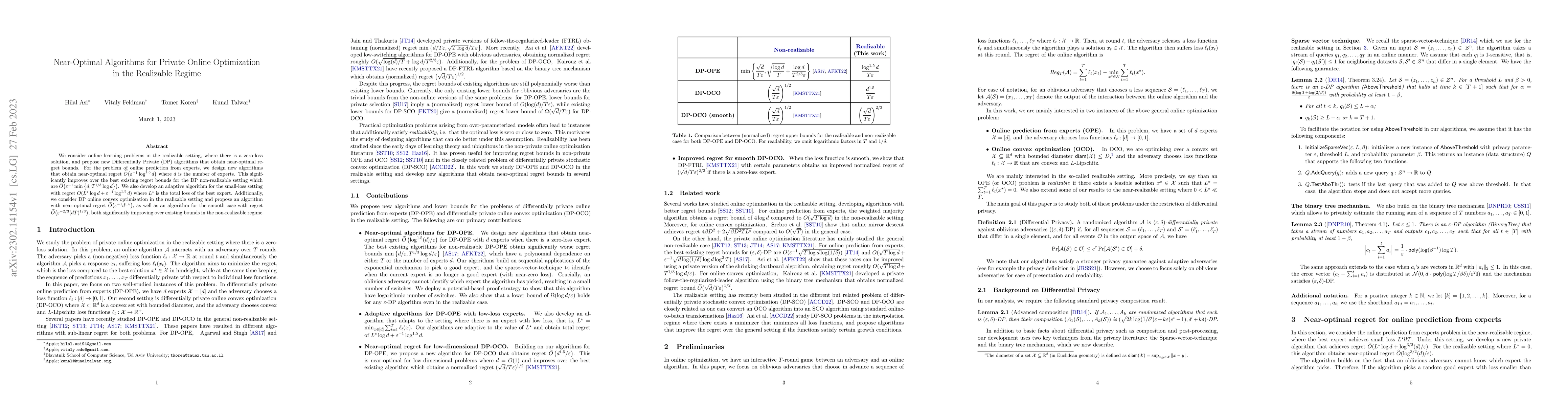 Thumbnail for Near-Optimal Algorithms for Private Online Optimization in the
  Realizable Regime