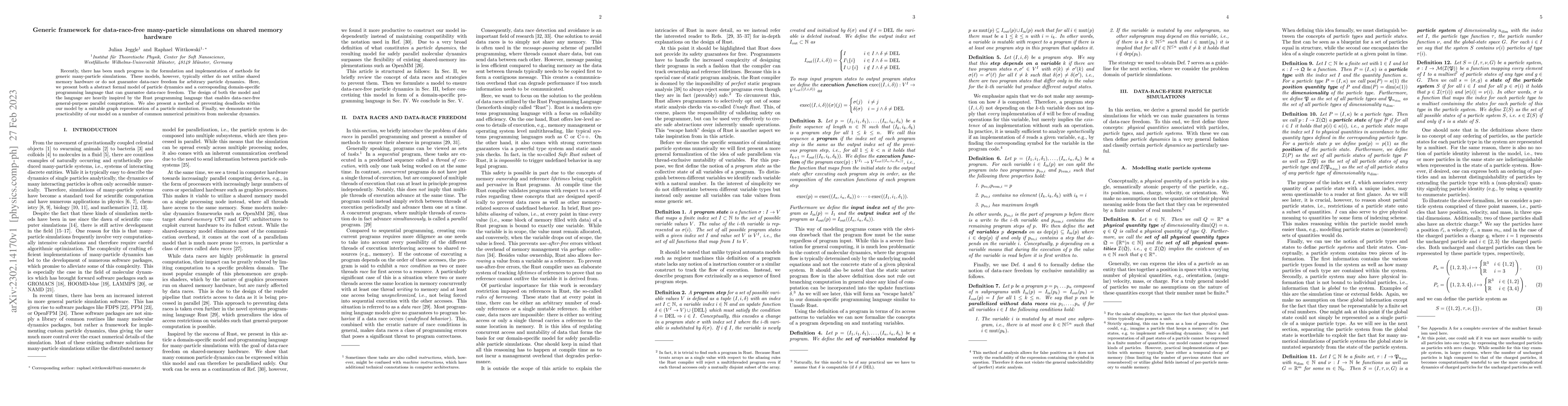 Thumbnail for Generic framework for data-race-free many-particle simulations on shared
  memory hardware