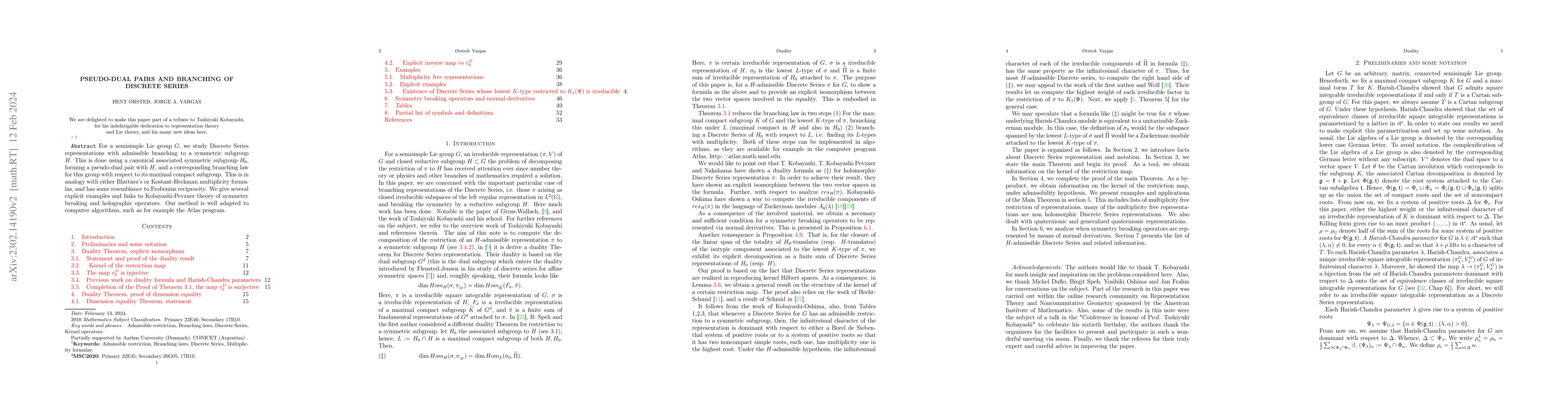 Thumbnail for Pseudo-dual pairs and branching of Discrete Series