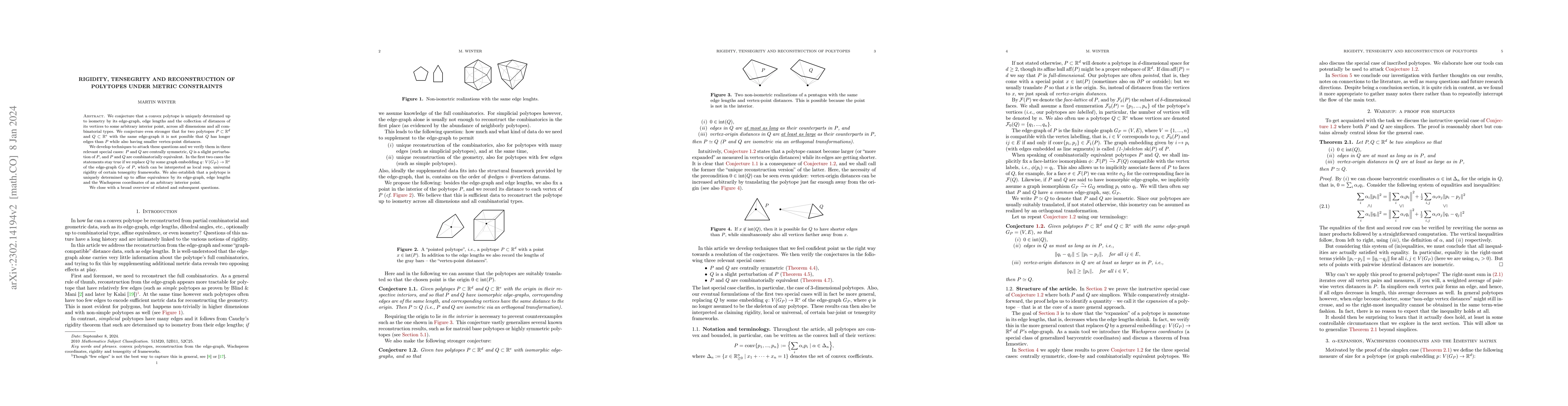Thumbnail for Rigidity, Tensegrity and Reconstruction of Polytopes under Metric
  Constraints