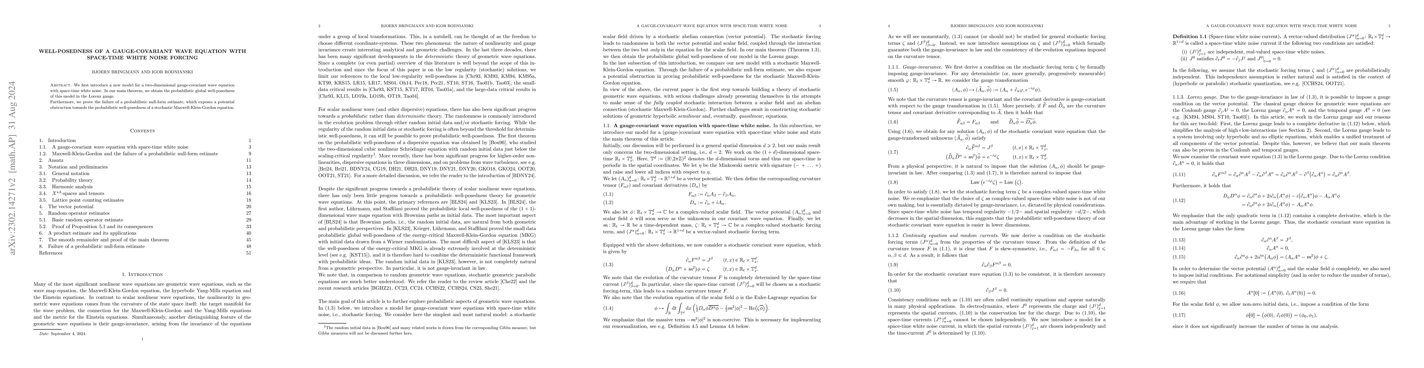 Thumbnail for Well-posedness of a gauge-covariant wave equation with space-time white
  noise forcing