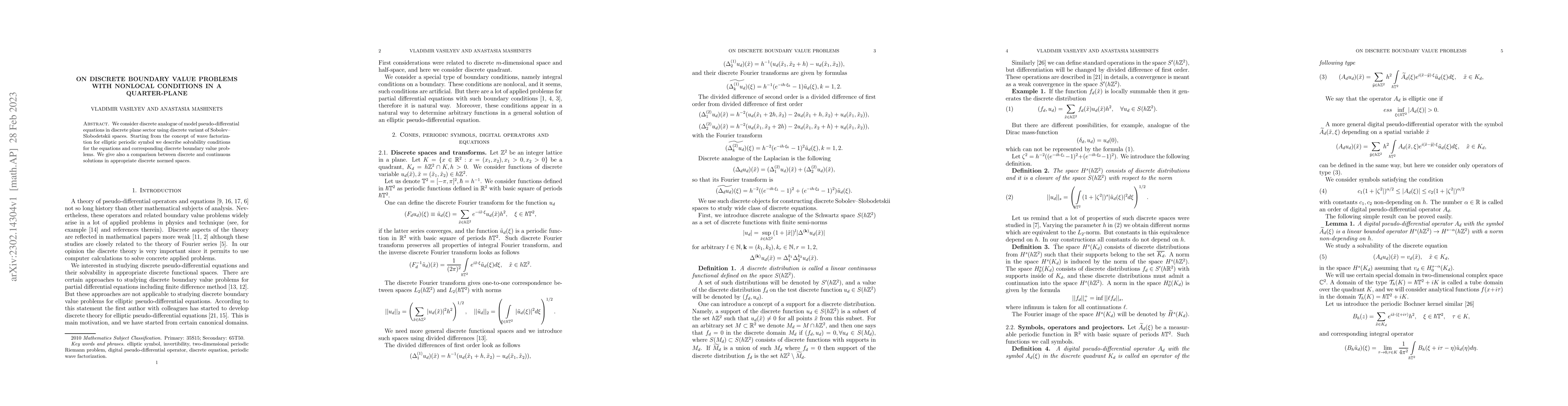 Thumbnail for On discrete boundary value problems with nonlocal conditions in a
  quarter-plane