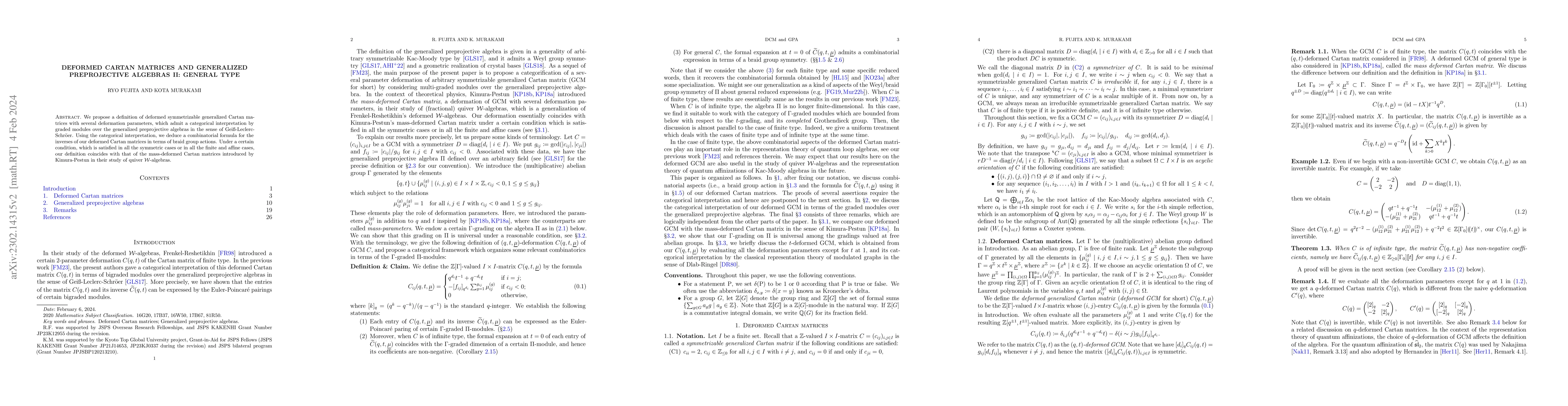 Thumbnail for Deformed Cartan matrices and generalized preprojective algebras II:
  General type