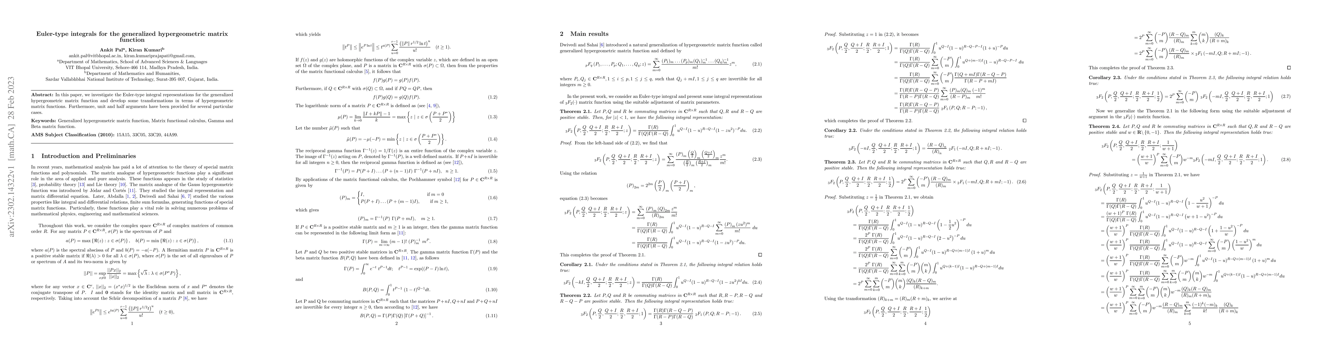 Thumbnail for Euler-type integrals for the generalized hypergeometric matrix function