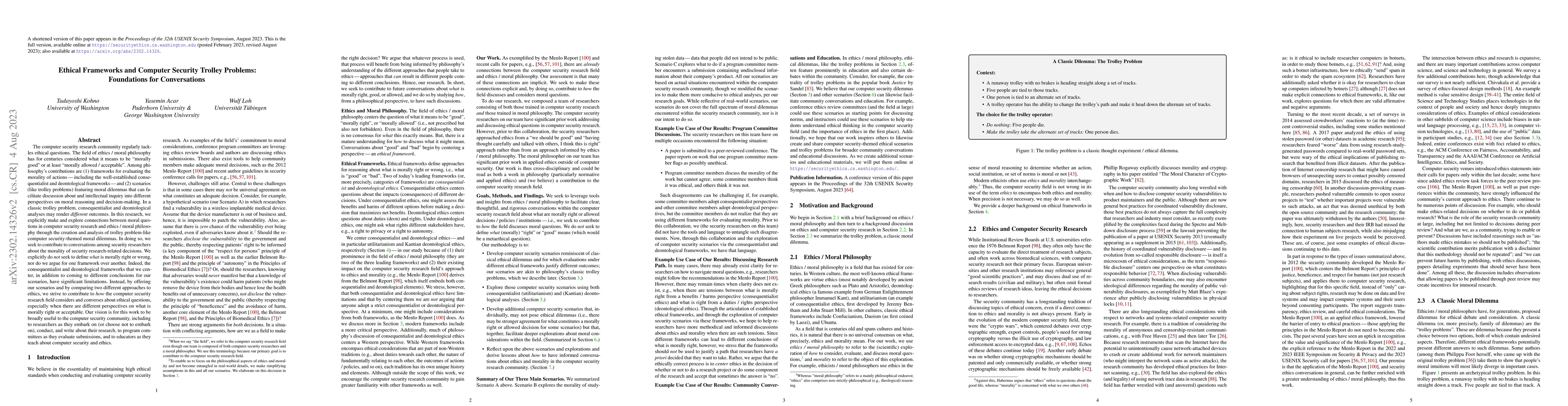 Thumbnail for Ethical Frameworks and Computer Security Trolley Problems: Foundations
  for Conversations