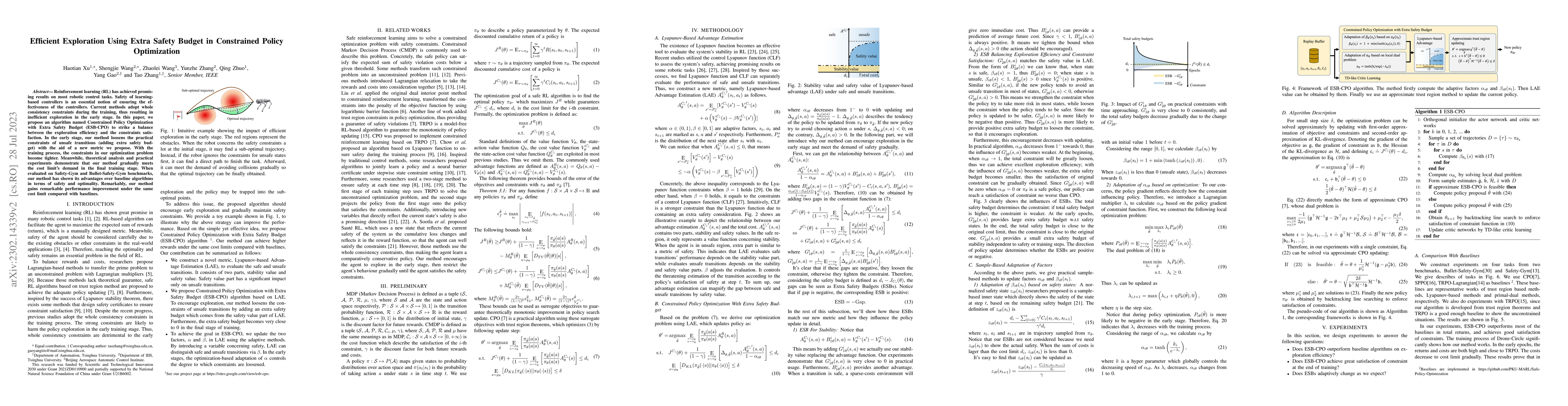 Thumbnail for Efficient Exploration Using Extra Safety Budget in Constrained Policy
  Optimization