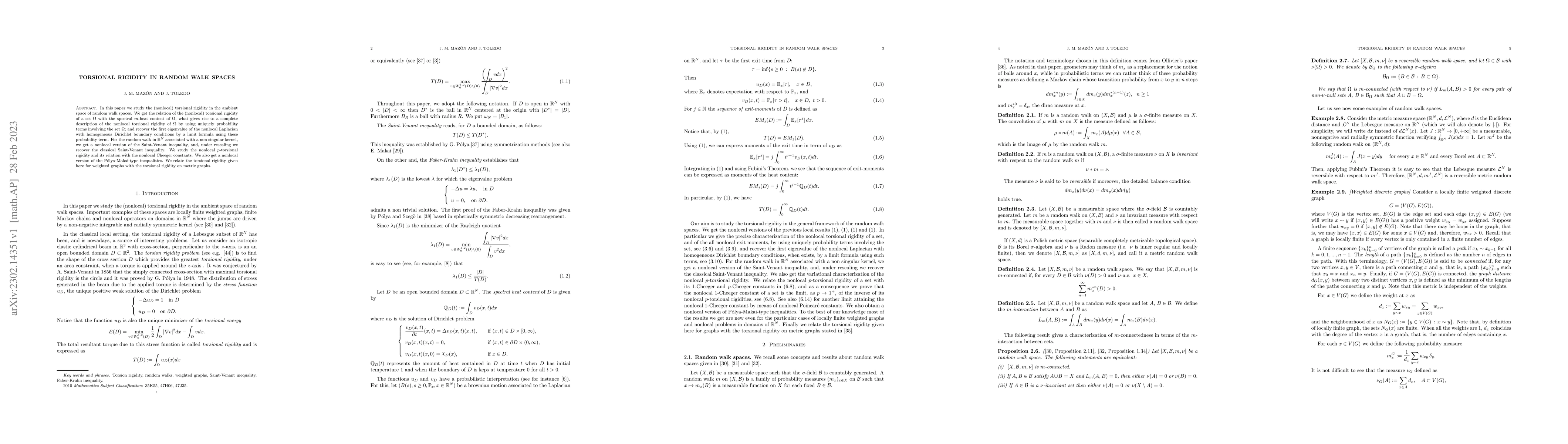 Thumbnail for Torsional rigidity in random walk spaces