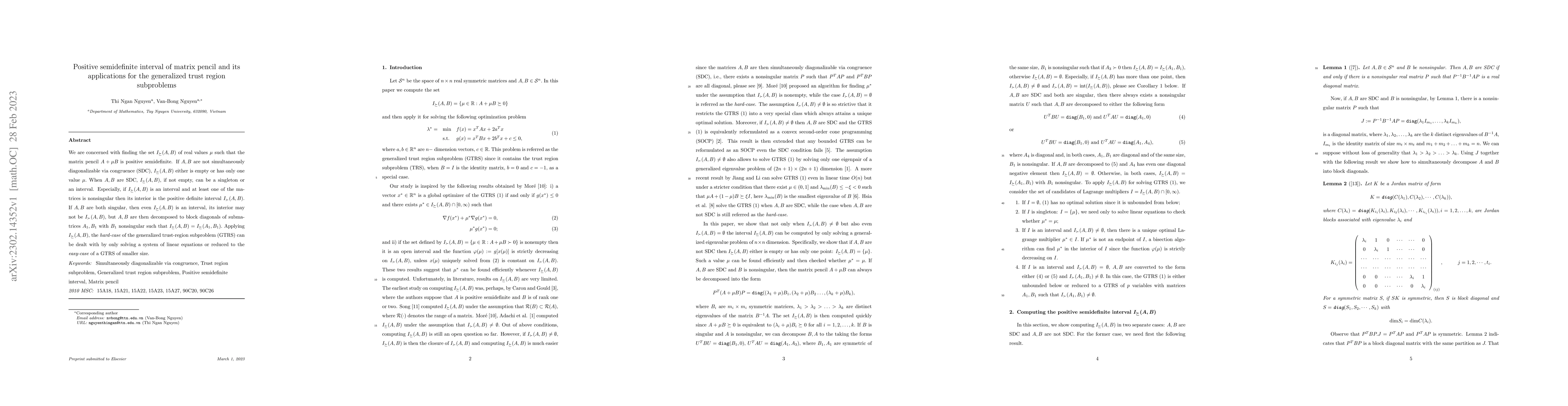 Thumbnail for Positive semidefinite interval of matrix pencil and its applications for
  the generalized trust region subproblems