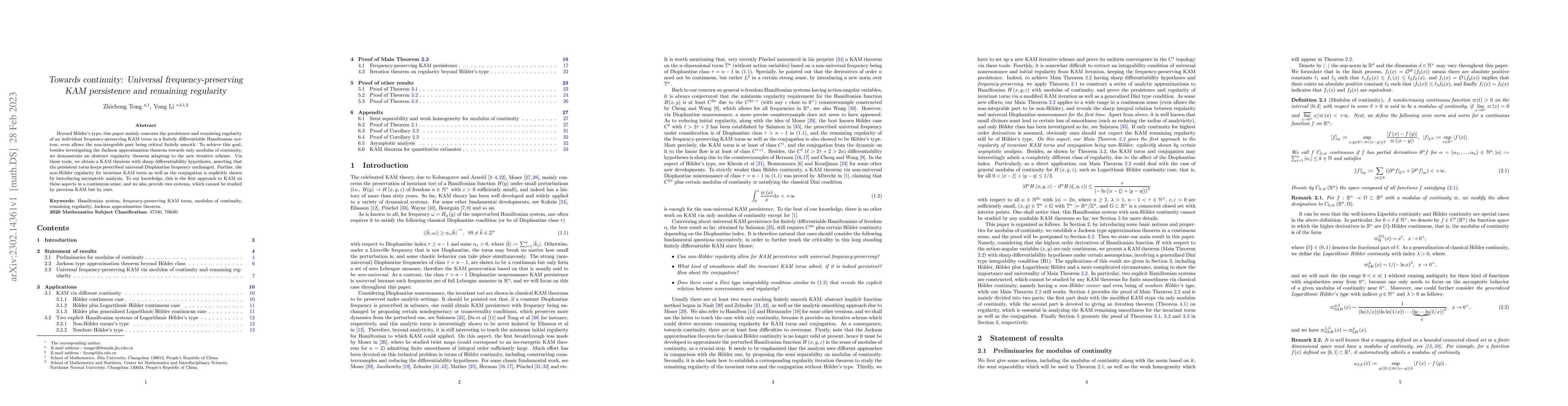 Thumbnail for Towards continuity: Universal frequency-preserving KAM persistence and
  remaining regularity