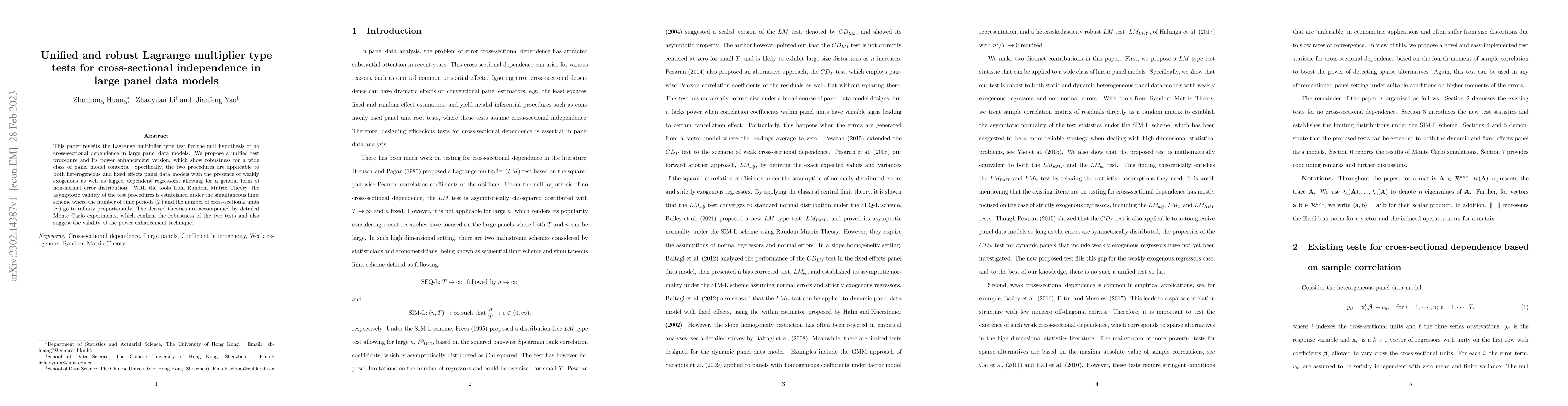 Thumbnail for Unified and robust Lagrange multiplier type tests for cross-sectional
  independence in large panel data models