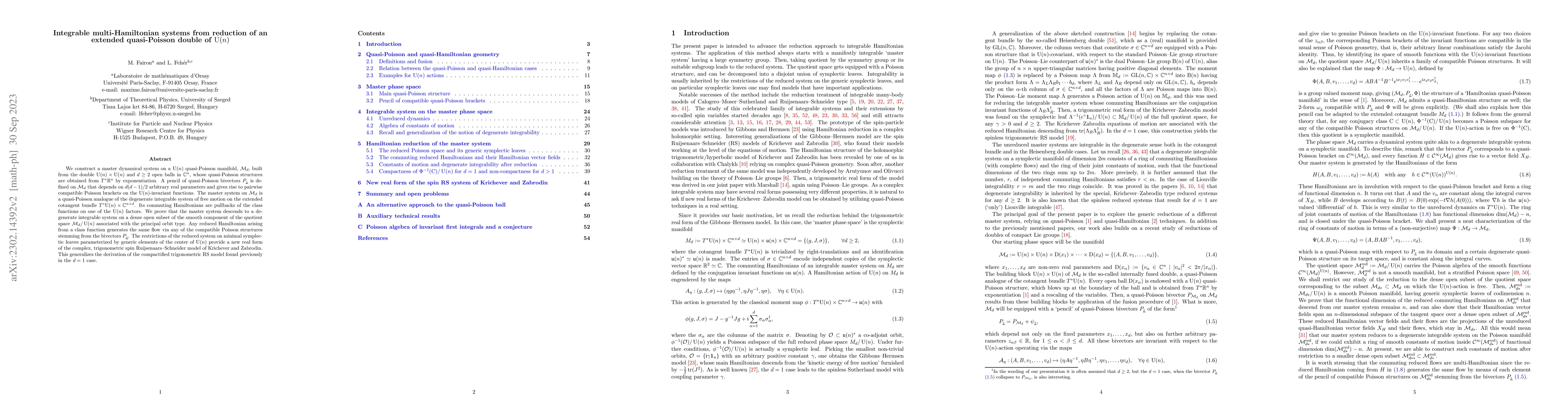 Thumbnail for Integrable multi-Hamiltonian systems from reduction of an extended
  quasi-Poisson double of $\operatorname{U}(n)$