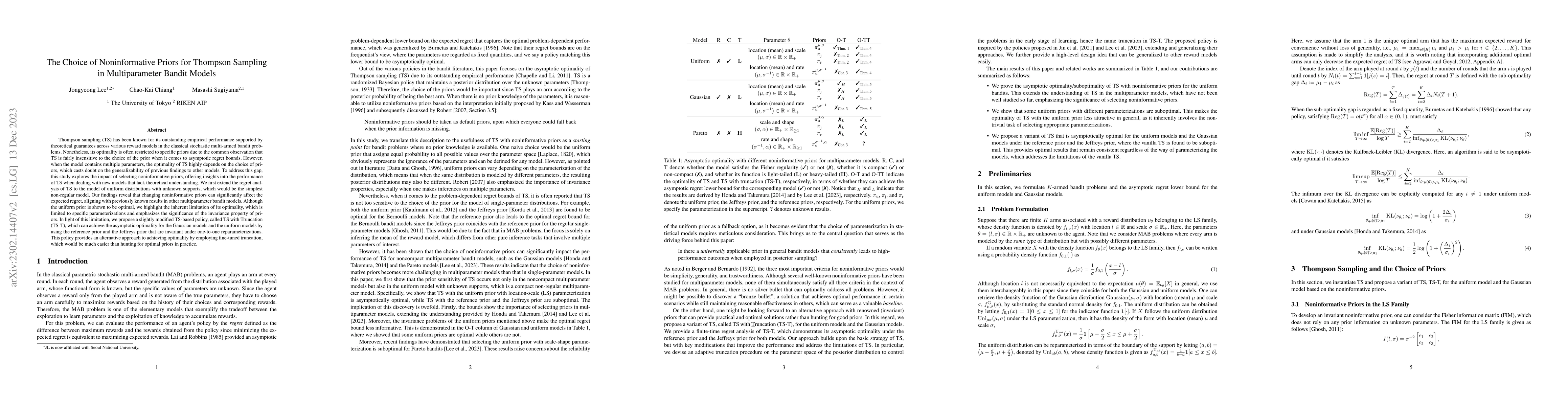 Thumbnail for The Choice of Noninformative Priors for Thompson Sampling in
  Multiparameter Bandit Models