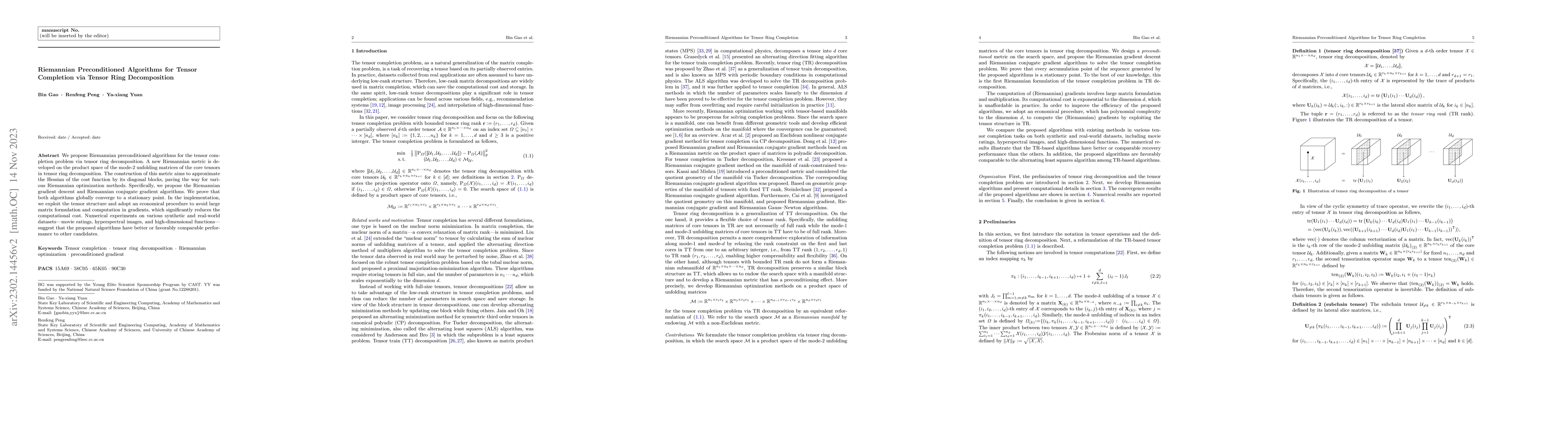 Thumbnail for Riemannian preconditioned algorithms for tensor completion via tensor
  ring decomposition