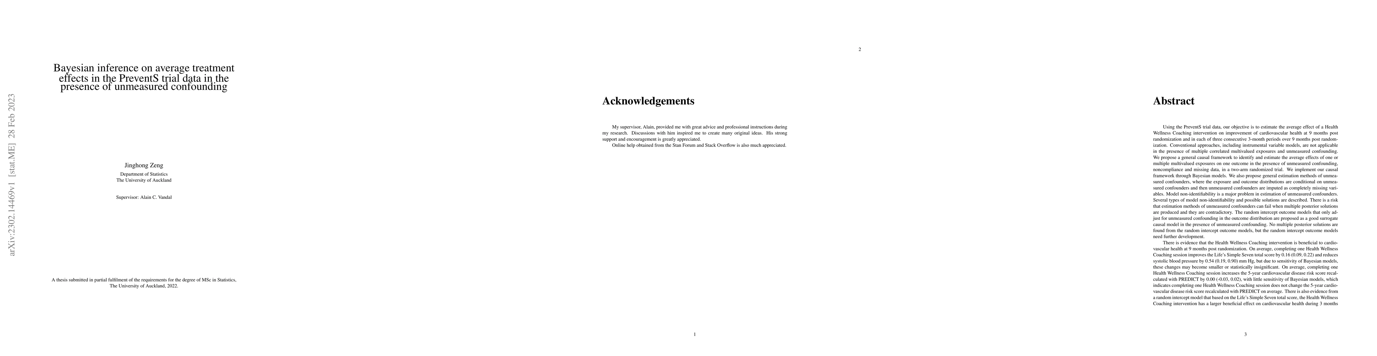 Thumbnail for Bayesian inference on average treatment effects in the PreventS trial
  data in the presence of unmeasured confounding