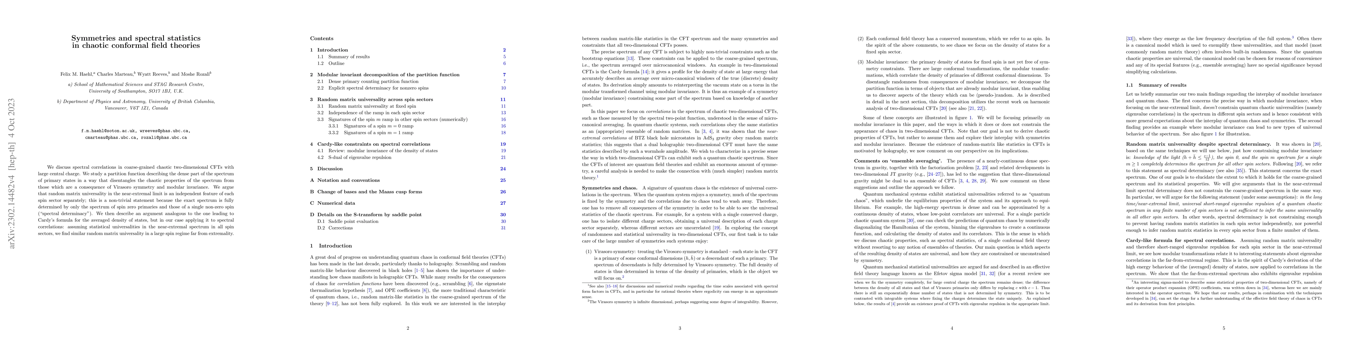 Thumbnail for Symmetries and spectral statistics in chaotic conformal field theories