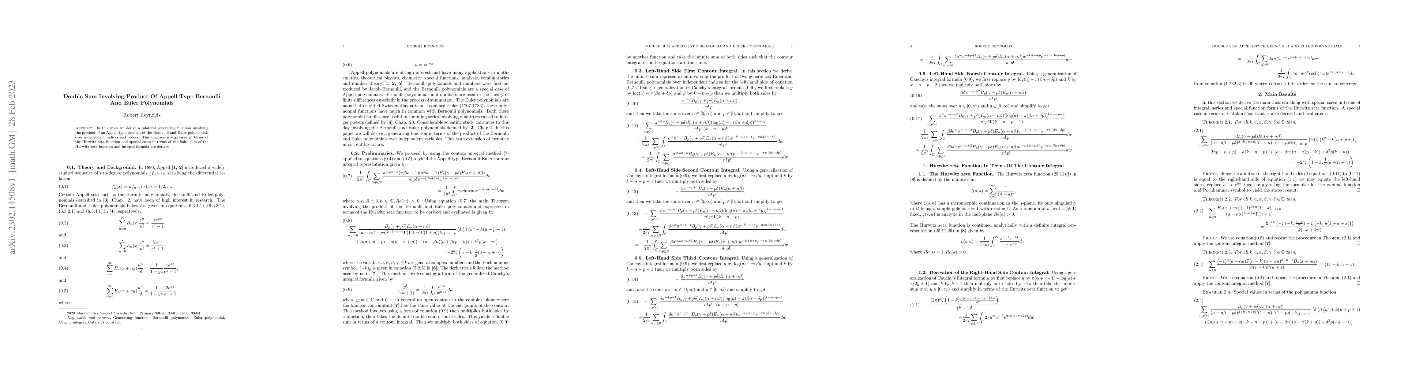 Thumbnail for Double Sum involving Product of Appell-Type Bernoulli and Euler
  Polynomials