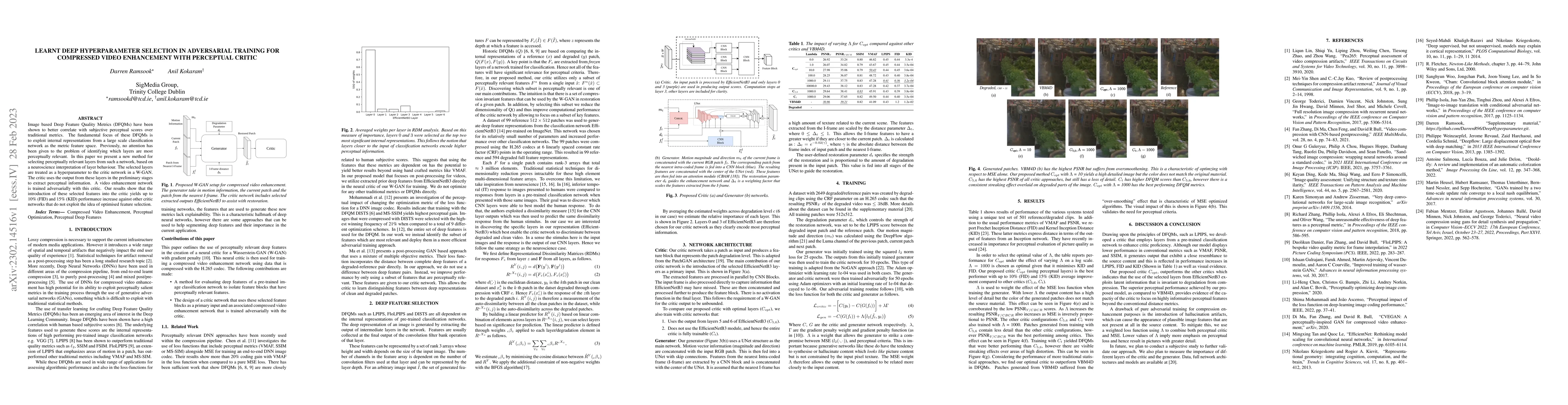 Thumbnail for Learnt Deep Hyperparameter selection in Adversarial Training for
  compressed video enhancement with perceptual critic