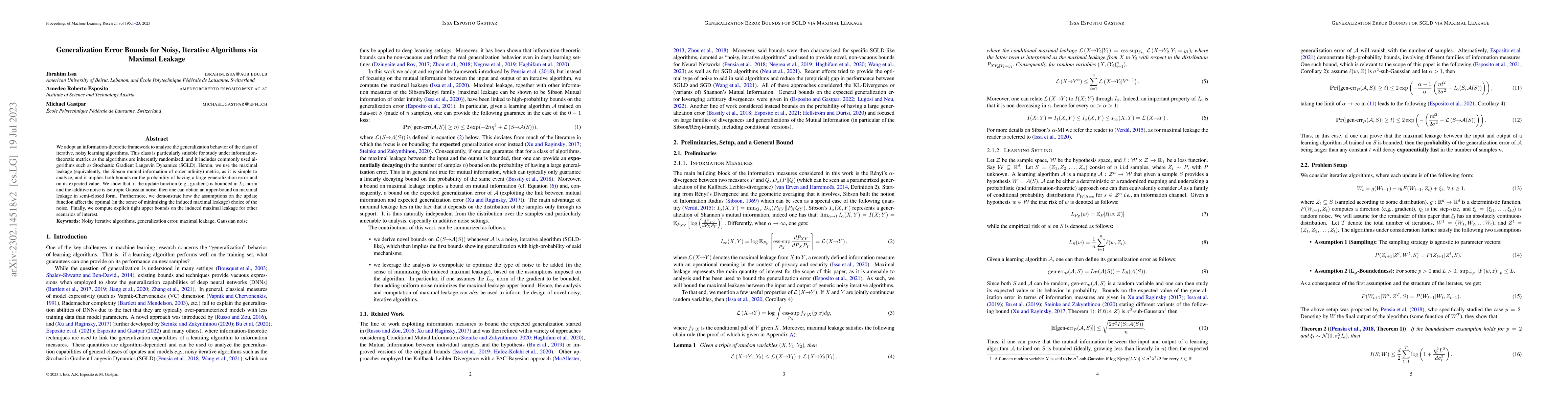 Thumbnail for Generalization Error Bounds for Noisy, Iterative Algorithms via Maximal
  Leakage