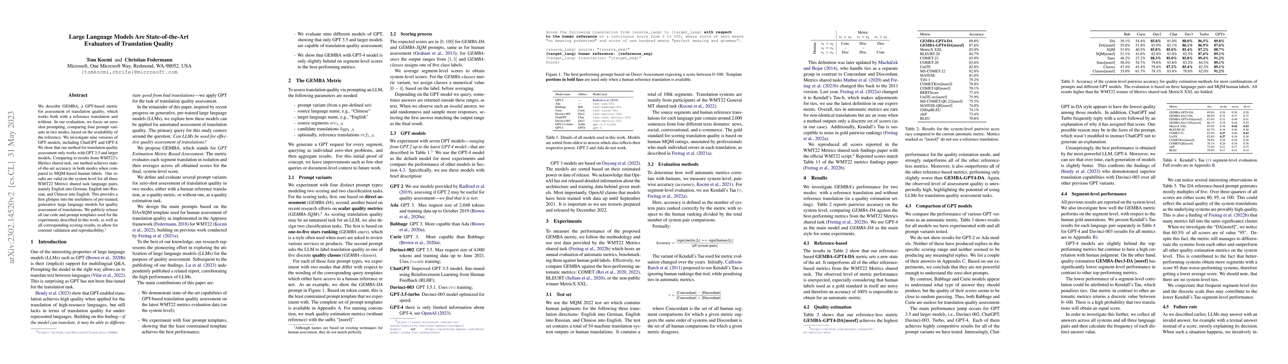 Thumbnail for Large Language Models Are State-of-the-Art Evaluators of Translation
  Quality