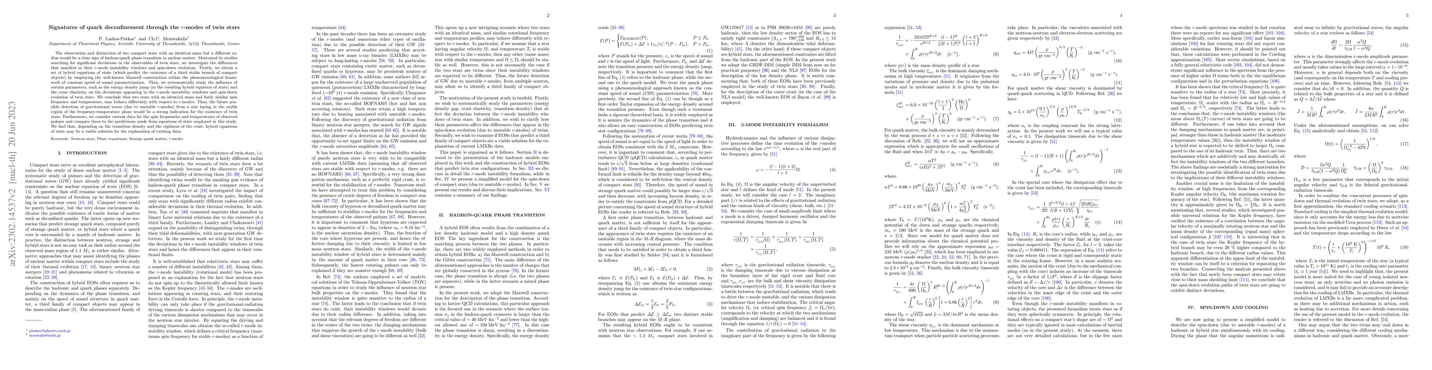Thumbnail for Signatures of quark deconfinement through the r-modes of twin stars