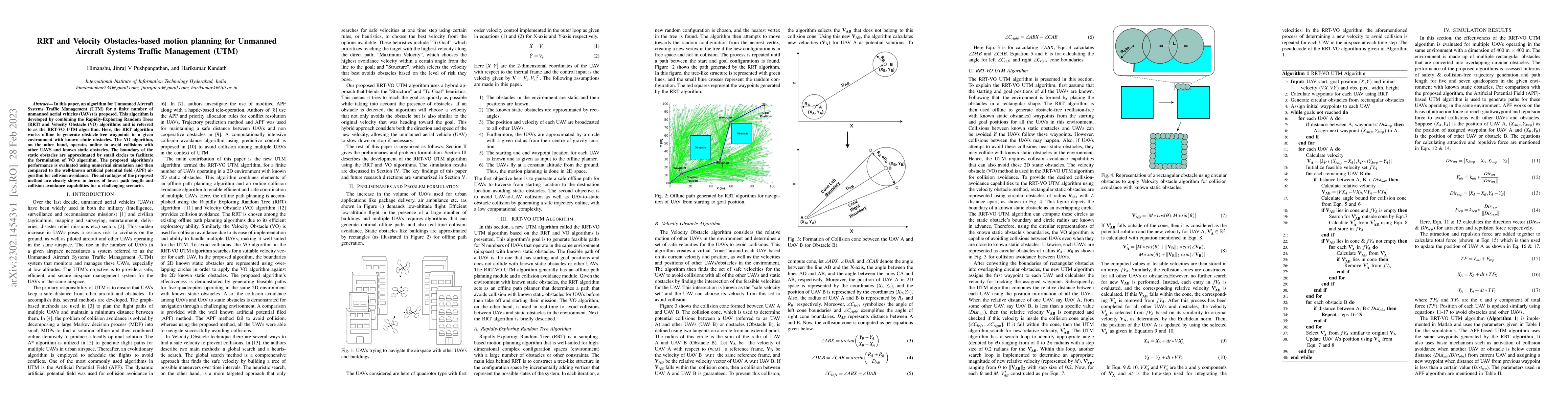 Thumbnail for RRT and Velocity Obstacles-based motion planning for Unmanned Aircraft
  Systems Traffic Management (UTM)