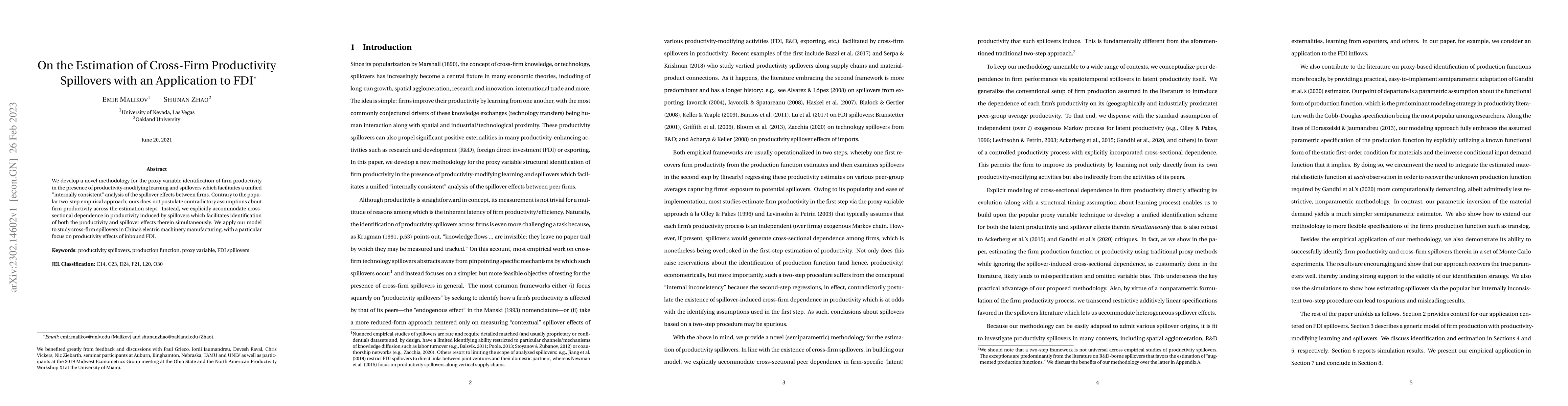Thumbnail for On the Estimation of Cross-Firm Productivity Spillovers with an
  Application to FDI