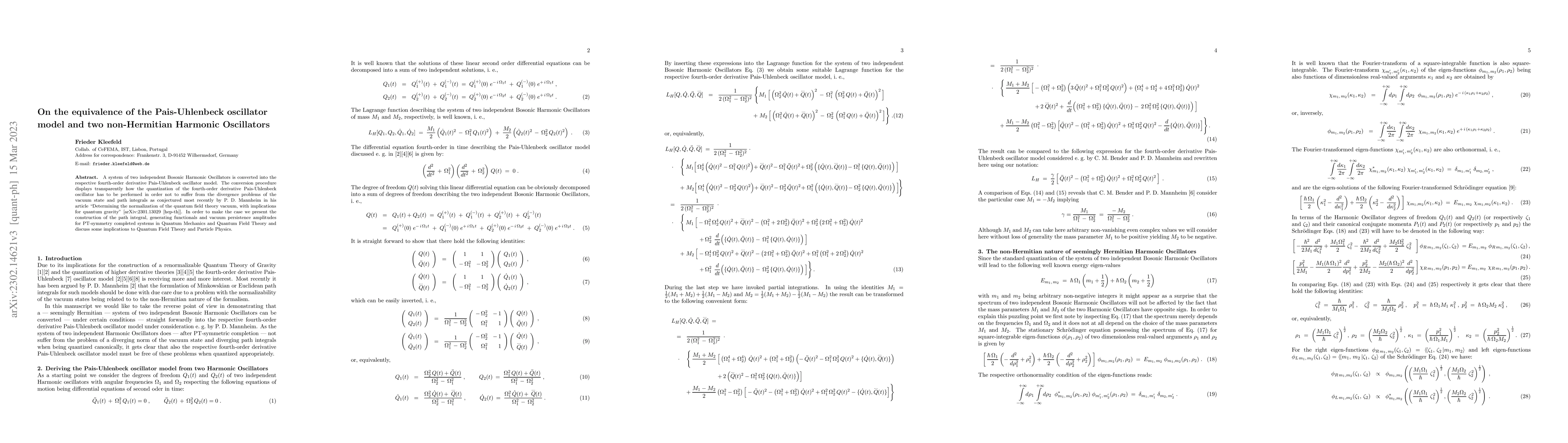 Thumbnail for On the equivalence of the Pais-Uhlenbeck oscillator model and two
  non-Hermitian Harmonic Oscillators