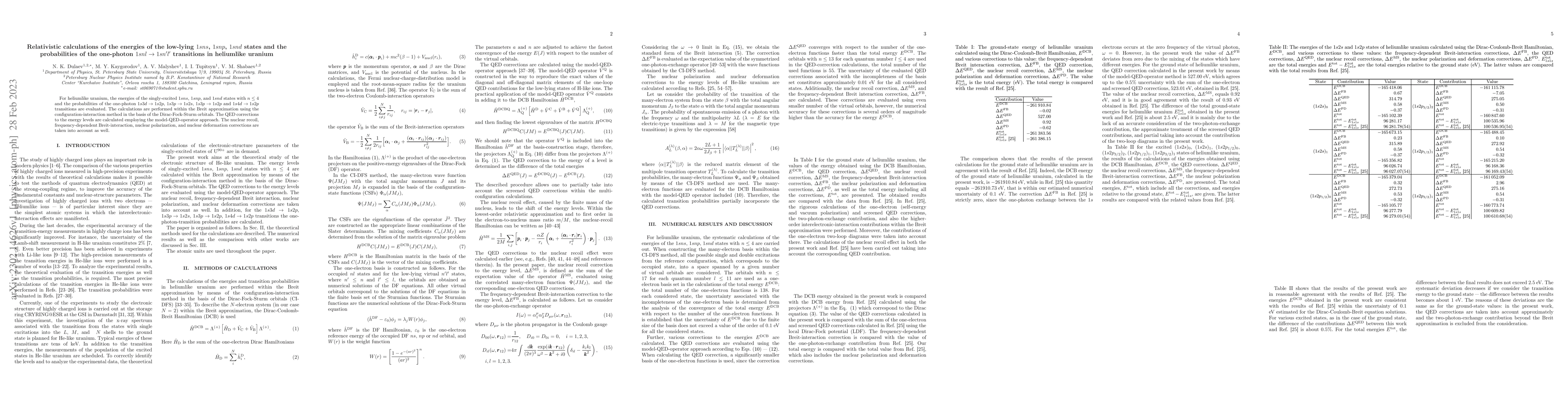 Thumbnail for Relativistic calculations of the energies of the low-lying $1sns$,
  $1snp$, $1snd$ states and the probabilities of the one-photon $1snl\to
  1sn'l'$ transitions in heliumlike uranium