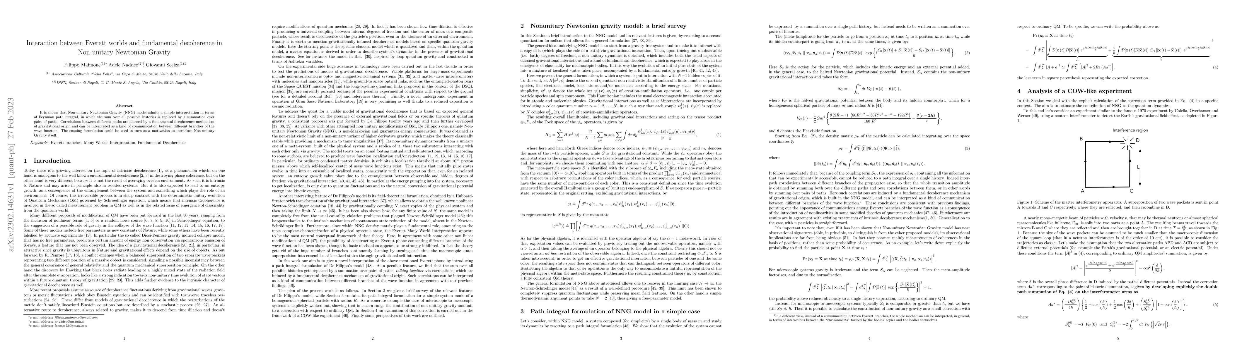 Thumbnail for Interaction between Everett worlds and fundamental decoherence in
  Non-unitary Newtonian Gravity