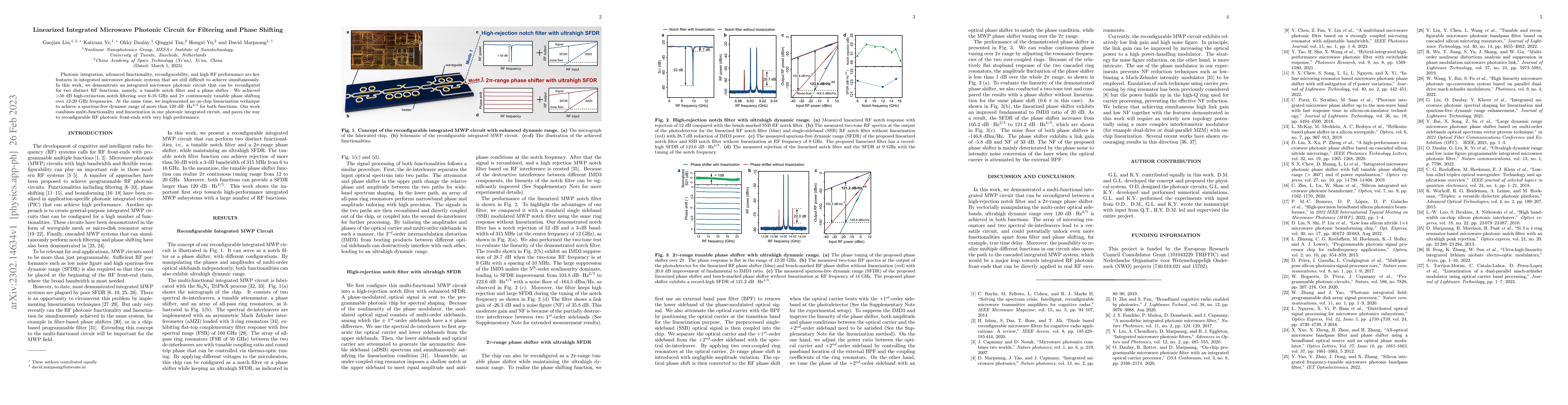 Thumbnail for Linearized Integrated Microwave Photonic Circuit for Filtering and Phase
  Shifting