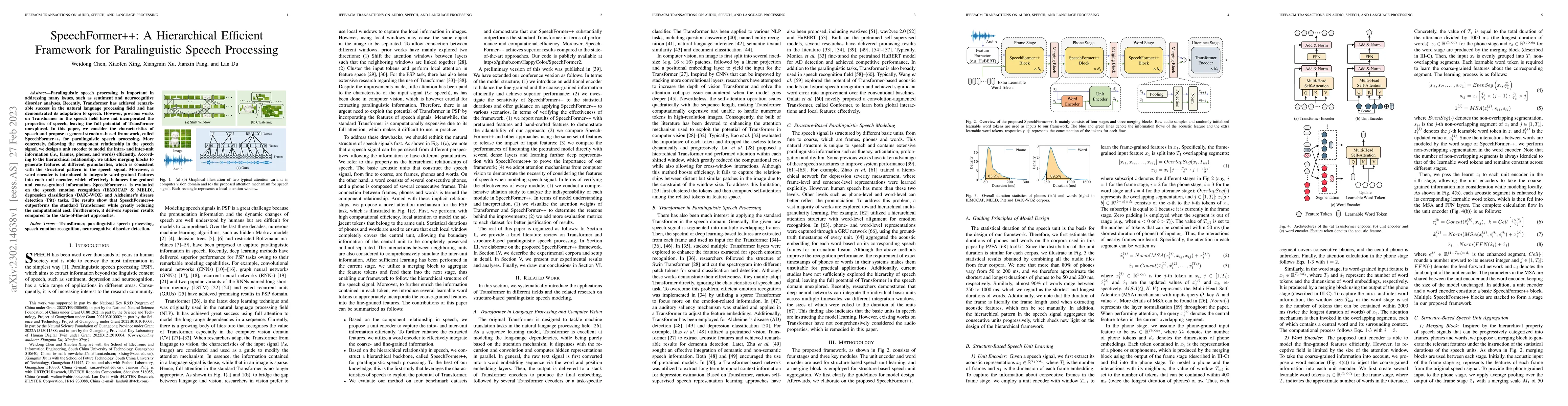 Thumbnail for SpeechFormer++: A Hierarchical Efficient Framework for Paralinguistic
  Speech Processing